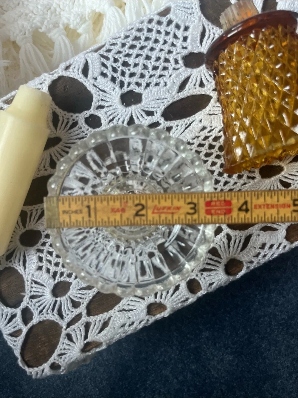 Amber Diamond-Pattern Glass Votive w/ a clear glass candleholder and clear peg